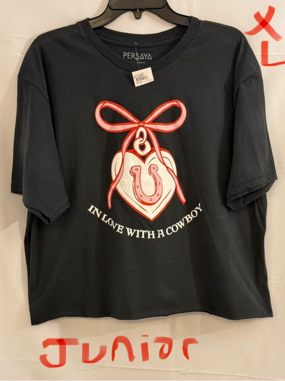 Persaya Black Short-Sleeve Tee with Red and White Heart & Horseshoe Graphic